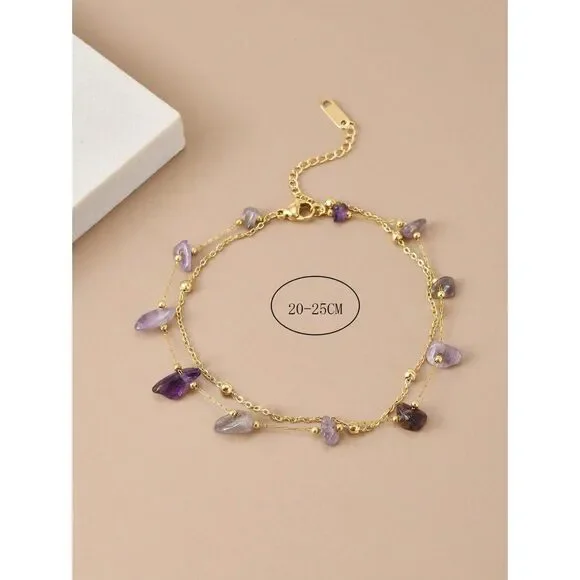 Natural Amethyst Stone Stainless Bracelet Anklet Handmade Goldtone Adjustable - Picture 3 of 5
